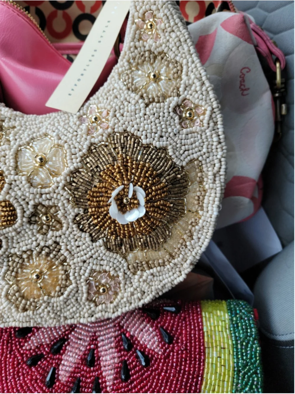 Studio 12 Hand Beaded Floral Hobo Shoulder Bag Cream Ivory Gold Purse NWT India
